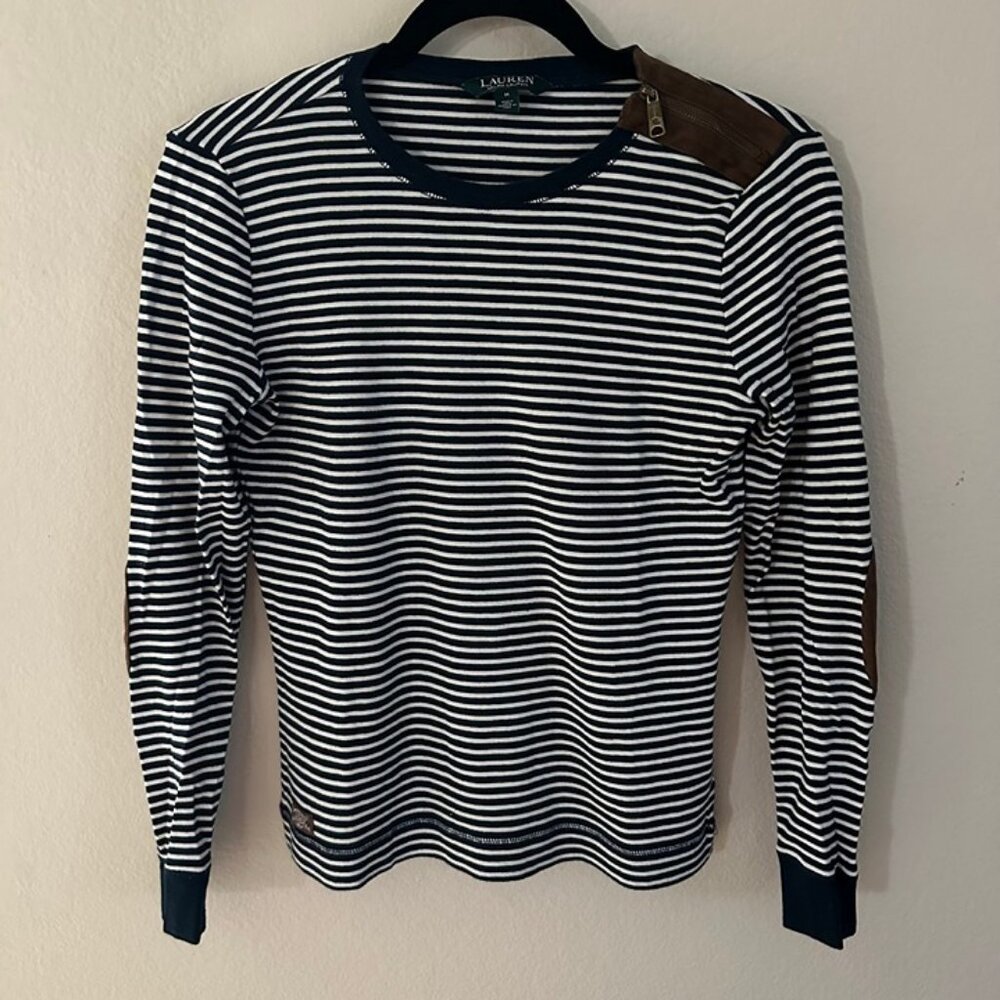 Ralph Lauren Blue Stripes Long Sleeves T-Shirt Elbow Patch Everyday Medium Shirt